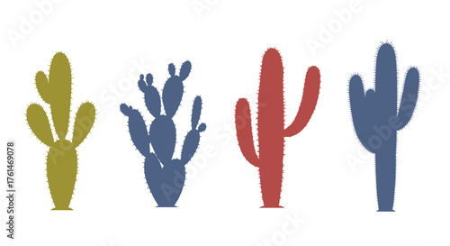 Colorful illustration featuring four different types of desert cactus plants