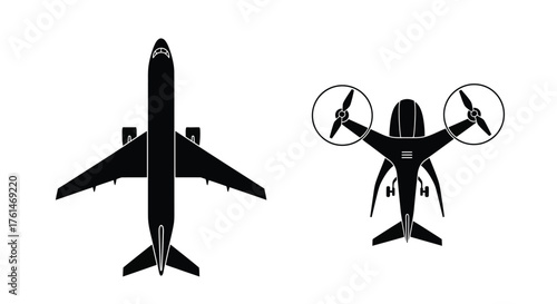 An overhead view of a conventional airplane and a drone design