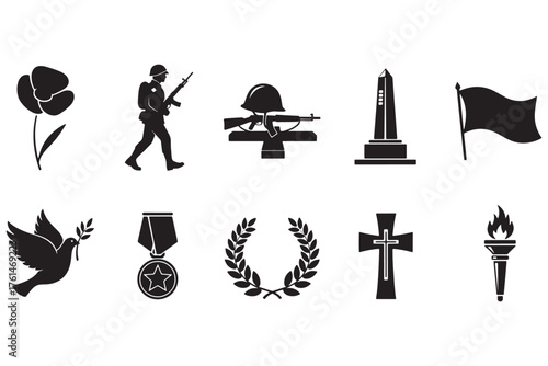 Collection of memorial day symbols isolated on white background, including a poppy, soldier, helmet, monument, flag, dove, medal, wreath, cross, and torch vector illustration