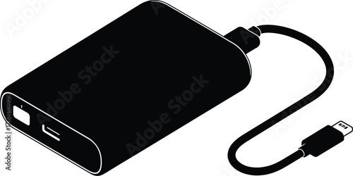 Isometric view of black power bank with attached usb type c cable