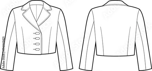 Cad drawing flat vector illustration, technical fashion sketch, cropped blazer, toggle button closure, tailored fit, garment construction reference