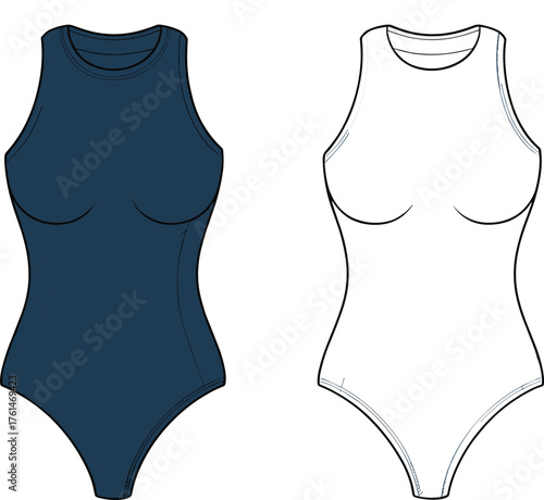 Cad drawing flat vector illustration, bodysuit fashion template, sleeveless garment sketch, apparel mockup, clothing outline, high-neck design