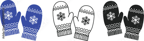 Three pairs of mittens with snowflake designs on a white background