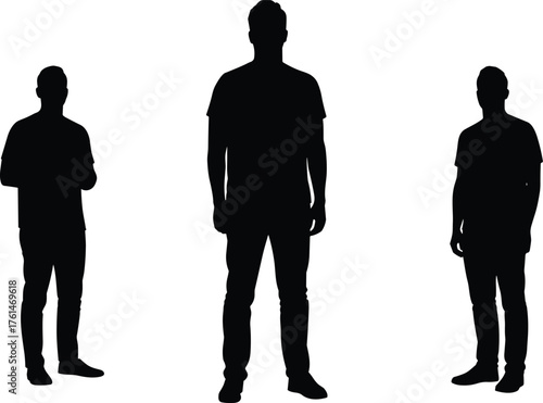 Silhouette of three men standing in different poses isolated on white background, people shadow outline vector illustration for design concept