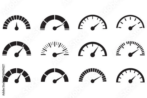 Collection of speedometer icons isolated on white background, representing speed, performance, and measurement for automotive and data visualization vector illustration