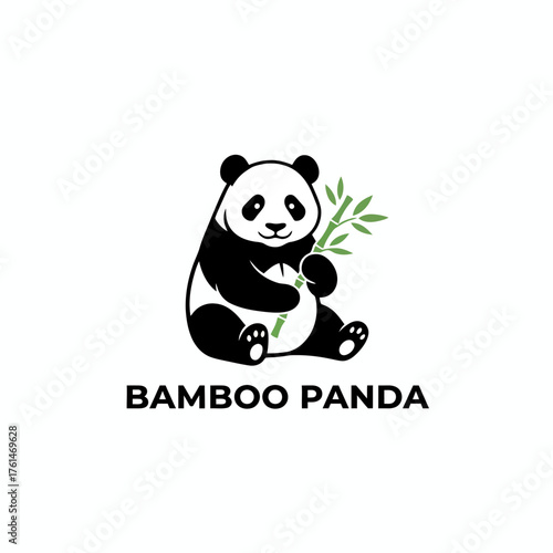 Cute Happy Panda Bear Holding Bamboo Logo