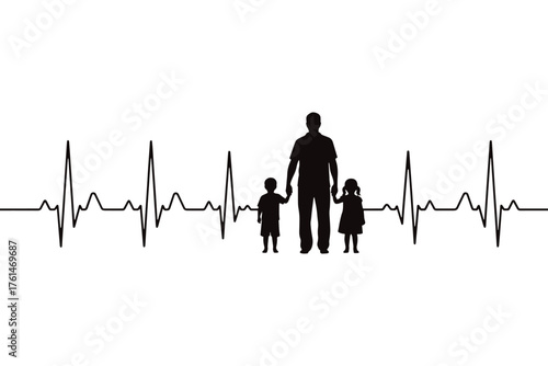 Heartbeat silhouette with father and children isolated on white background symbolizing family bond, love, and the vital connection between generations vector illustration