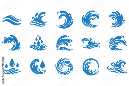 Collection of water wave illustrations isolated on white background showcasing various shapes and forms of ocean waves, ripples, and splashes in a vibrant blue hue vector illustration