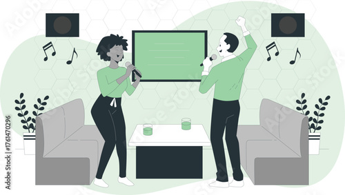 Couple singing karaoke with microphones and speakers in a room Keywords: couple, singing, karaoke, music, entertainment, fun, leisure, joy, happy, celebration, microphones, speakers, room, sofa