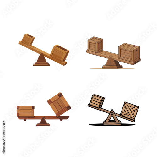 Balancing act Exploring the dynamics of weight and equilibrium with wooden crates on a seesaw, illustrating concepts of physics and stability through playful depictions