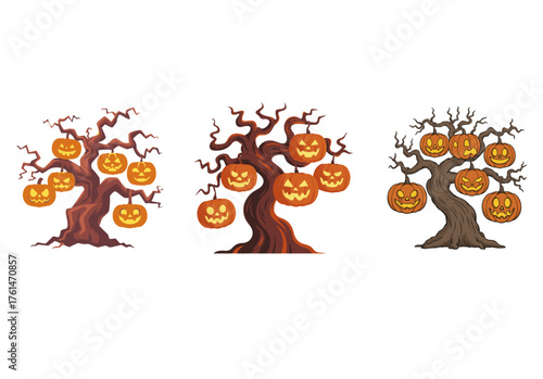 Whimsical Halloween Trees Adorned with Jack-o'-Lanterns, Evoking a Spooky and Festive Atmosphere for Seasonal Decorations and Celebrations