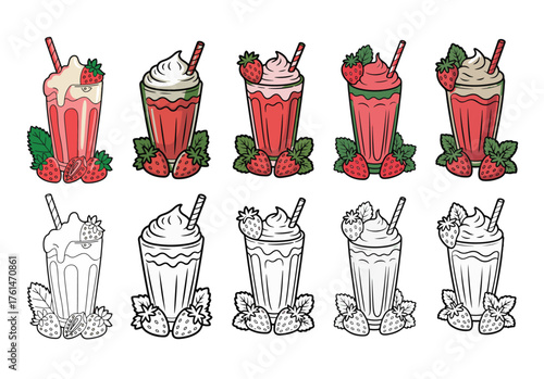 Set of cartoon strawberry milkshakes with whipped cream and fresh berries, including colored and black and white outline vector illustrations
