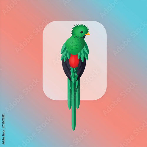 Stylized quetzal bird with long tail on pastel gradient background