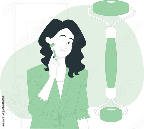 Woman with dark curly hair using a jade roller on her face, with a large jade roller beside her skincare
