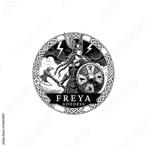 powerful vintage engraving logo featuring the Norse Goddess Freya (or Freyja), the deity of war, love, and fertility