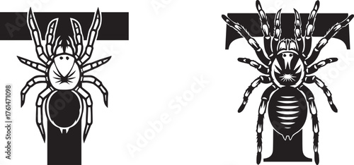Stylized Spider and Letter T Monochromatic Black White Vector Illustration