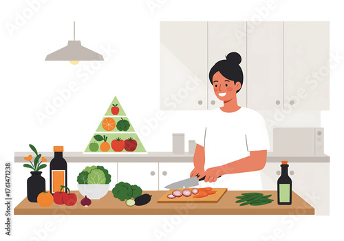 Woman preparing healthy food in a modern kitchen with various vegetables and ingredients on the counter.