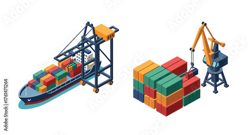 Isometric illustration of a shipping port with containers and cranes