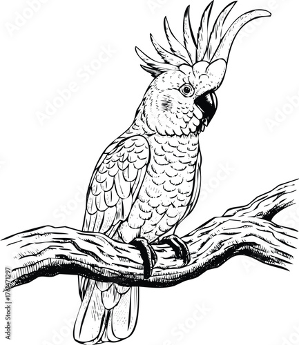 Detailed ink drawing of a cockatoo perched on a branch vector Engraving Art Design
