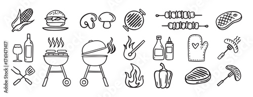 Barbecue grill party doodle hand drawn icon set. Outline drawing BBQ tools charcoal firewood and products line clipart symbol collection 