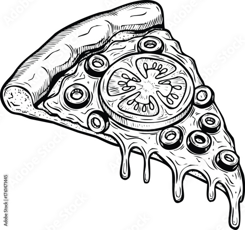 Drawn slice of pepperoni pizza with melted cheese and tomatoes vector Engraving Art Design