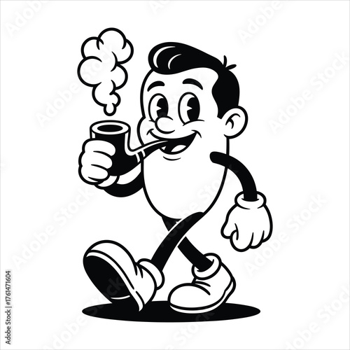 Vintage cartoon character walking with smoking pipe and puffing smoke retro