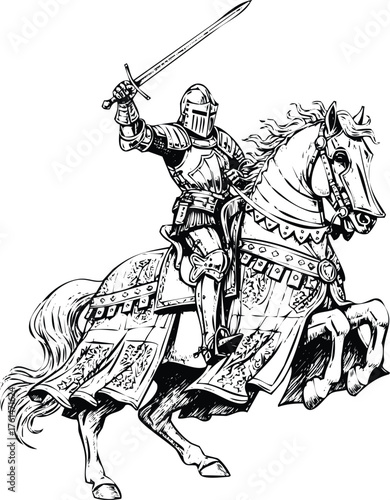 Medieval knight in full armor riding a horse with sword raised vector Engraving Art Design