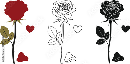 Three roses in different styles with hearts and petals scattered near