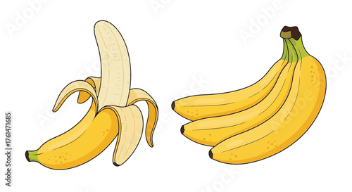 Illustration of a peeled banana and a bunch of fresh bananas
