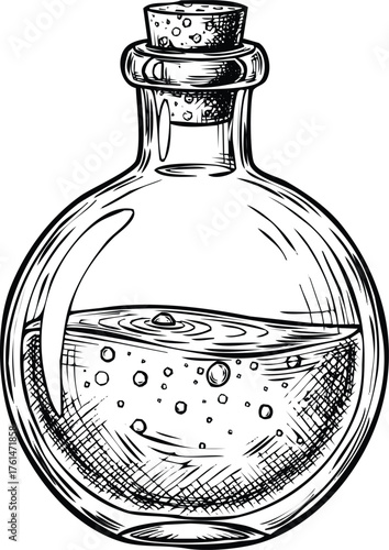 Hand drawn alchemy potion bottle with bubbles sketch art vector Engraving Art Design
