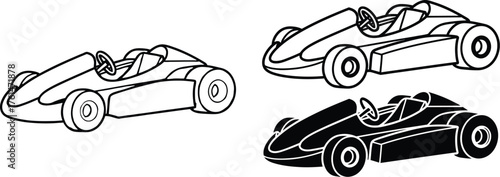 Illustration of a go kart in color and two black and white versions