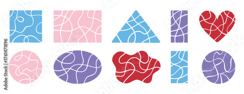 Pastel crack geometric shapes elements. Broken lines pattern effect set. Decorative template cute crack square, circle and heart