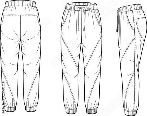 Cad drawing flat vector illustration, jogger pants fashion template, garment sketch, apparel