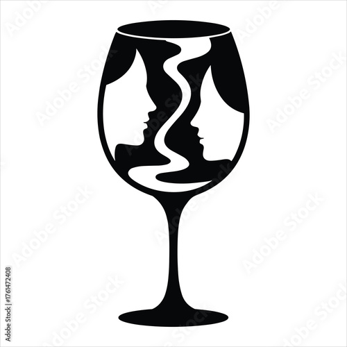 Black and white silhouette of wine glass with two faces and swirling liquid profiles