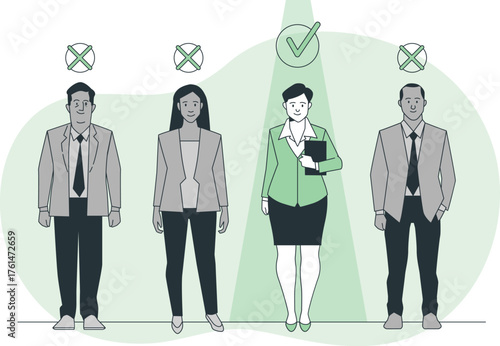 Business team selection with one person chosen and others rejected hiring recruitment