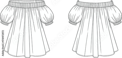 Cad drawing flat vector illustration, off-shoulder dress fashion template, garment sketch, apparel