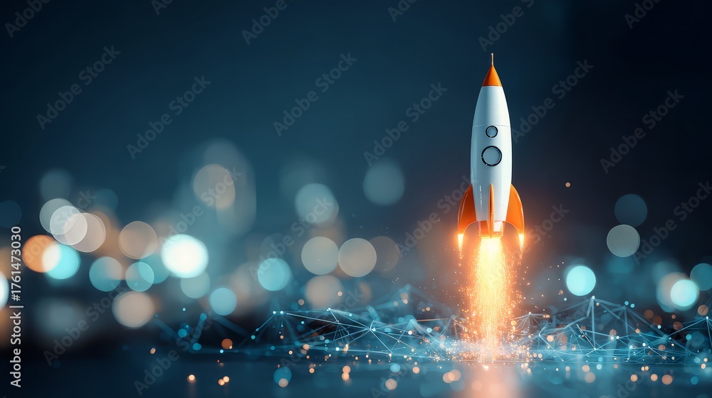 Obraz premium Rocket launching with orange flames and white body against a dark blue bokeh background with network lines