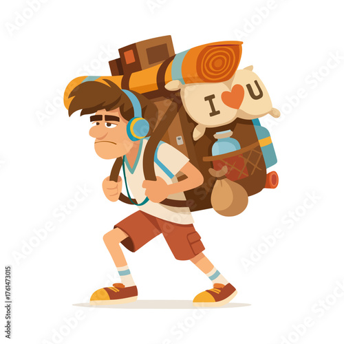 Overburdened Cartoon Hiker Carrying a Giant Backpack