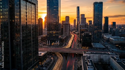 Stunning cityscape at sunset with dynamic highway traffic and modern skyscrapers