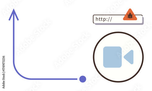 Upward arrow, web address with malware warning, magnified video icon. Ideal for cybersecurity, Internet safety, digital privacy, online risks, data protection, malware simple flat metaphor