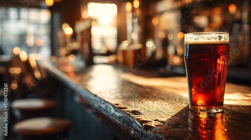 Glass of amber ale sits on a wooden bar counter.