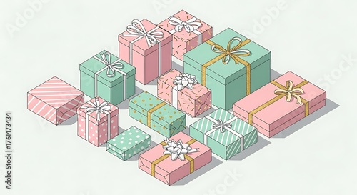 Isometric gift boxes collection pastel colors with ribbons and bows perfect for holiday and birthday celebration designs