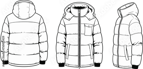 Cad drawing flat vector illustration, winter jacket fashion template, puffer coat design, garment sketch, apparel mockup, clothing outline, technical view