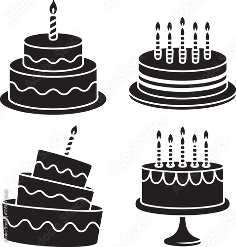 Black and white birthday cake silhouette set
