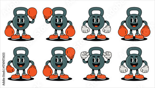 Retro cartoon kettlebell character with boxing gloves and sneakers vintage