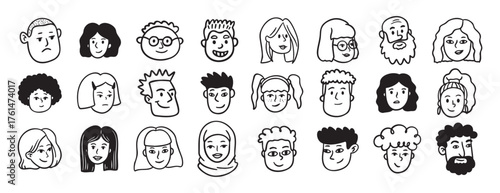 Faces people different avatars doodle hand drawn icon set. Outline drawing head people line clipart symbol collection