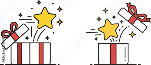 Flat Line Art Open Gift Boxes with Red Bows and Yellow Stars