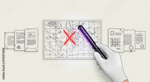 Hand with UV light scans map document authentication concept illustrat