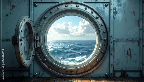 Metal porthole, open view of ocean