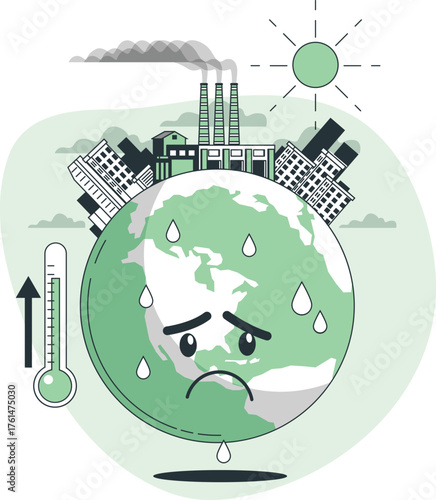Sad Earth with factories and thermometer showing global warming climate change planet